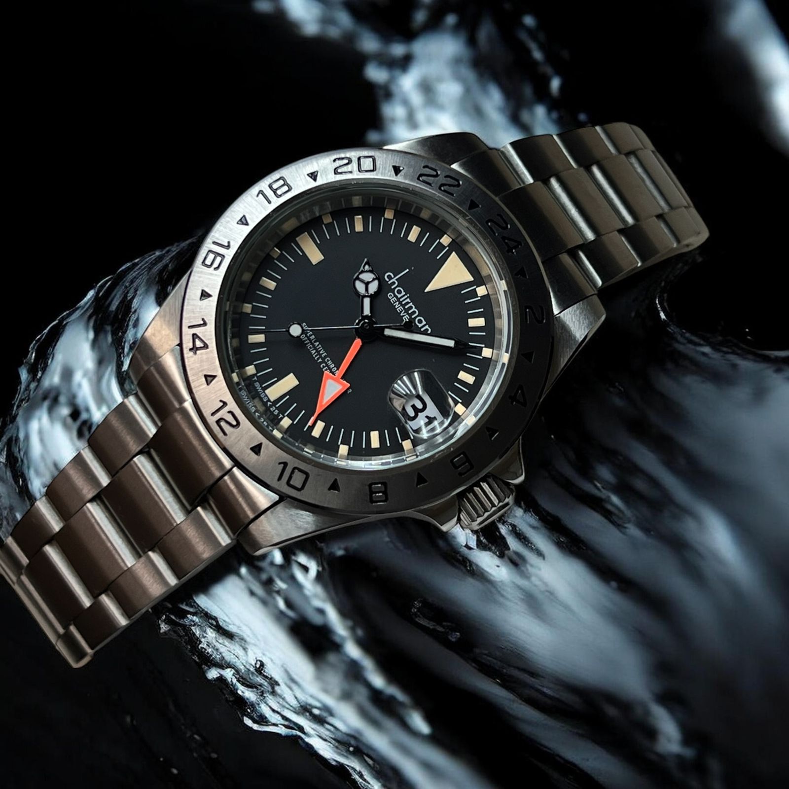 CHAIRMAN GENEVE EXPLORER STYLE STAINLESS STEEL MEN'S WATCH - BLACK DIAL