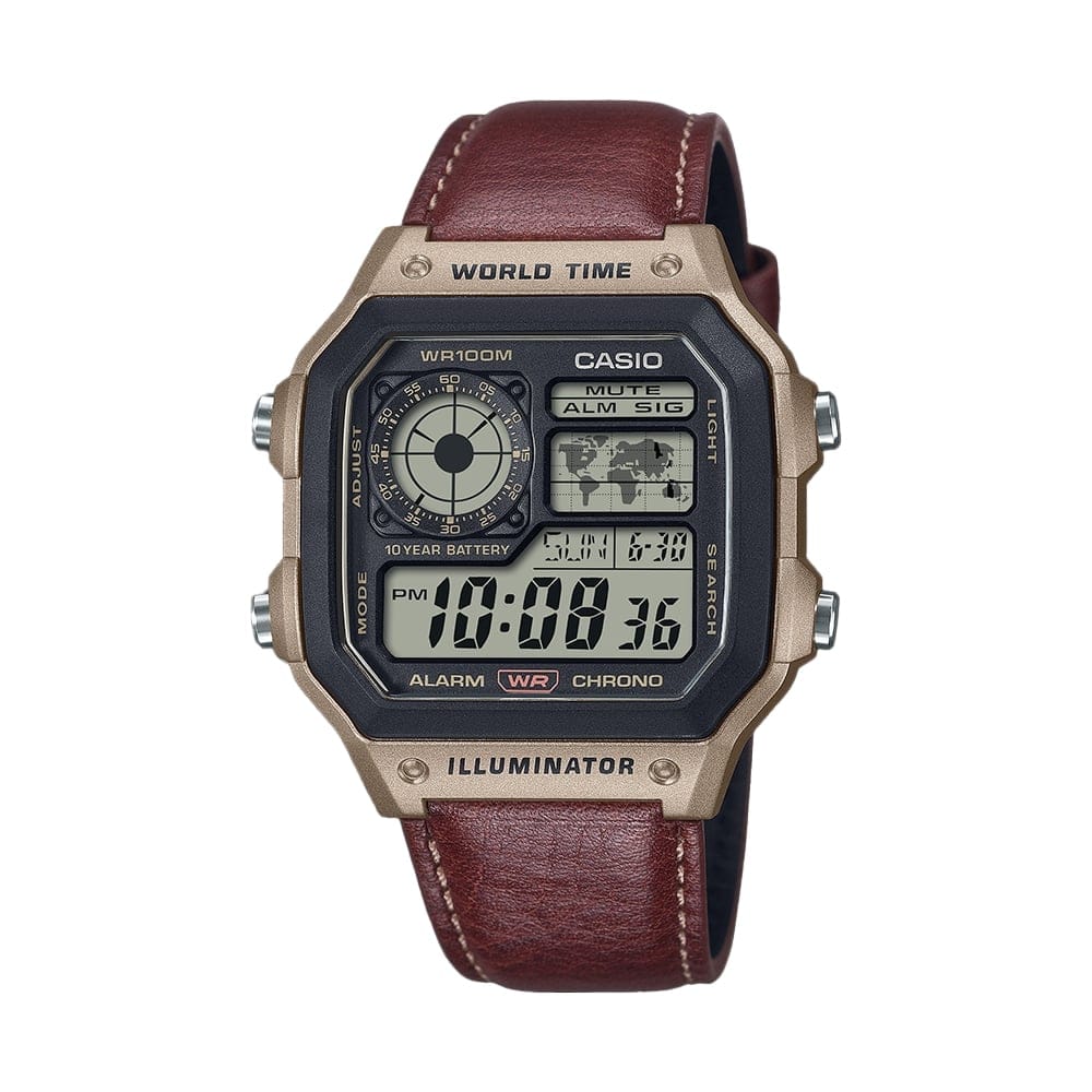 CASIO WORLD TIME DIGITAL LEATHER STRAP WATCH
