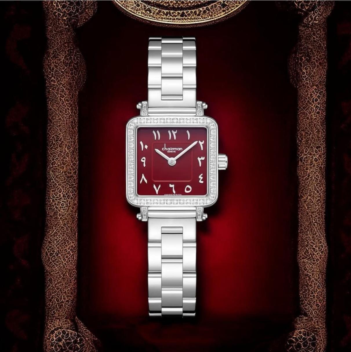 CHAIRMAN GENEVE LADIES LUXURY SQUARE DIAMOND EDITION RED DIAL SILVER BRACELET WATCH