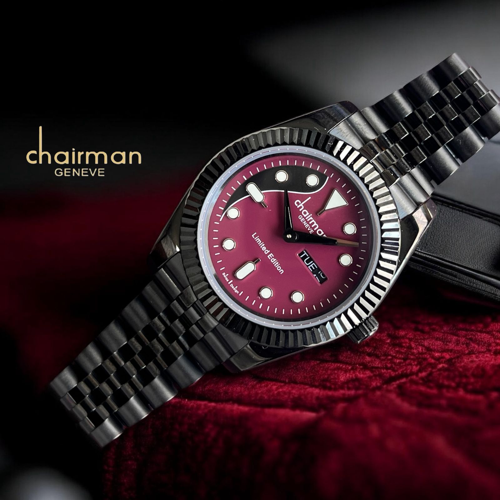 CHAIRMAN GENEVE MEN'S WRIST WATCH,LIMITED EDITION,BURGUNDY DIAL, BLACK STAINLESS STEEL BRACELET