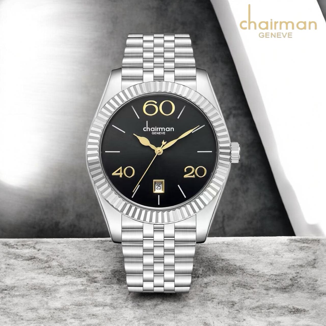 CHAIRMAN GENEVE CLASSIC SILVER STAINLESS STEEL MEN'S WATCH  AVAILABLE IN BLACK,GREEN,BURGUNDY DIAL
