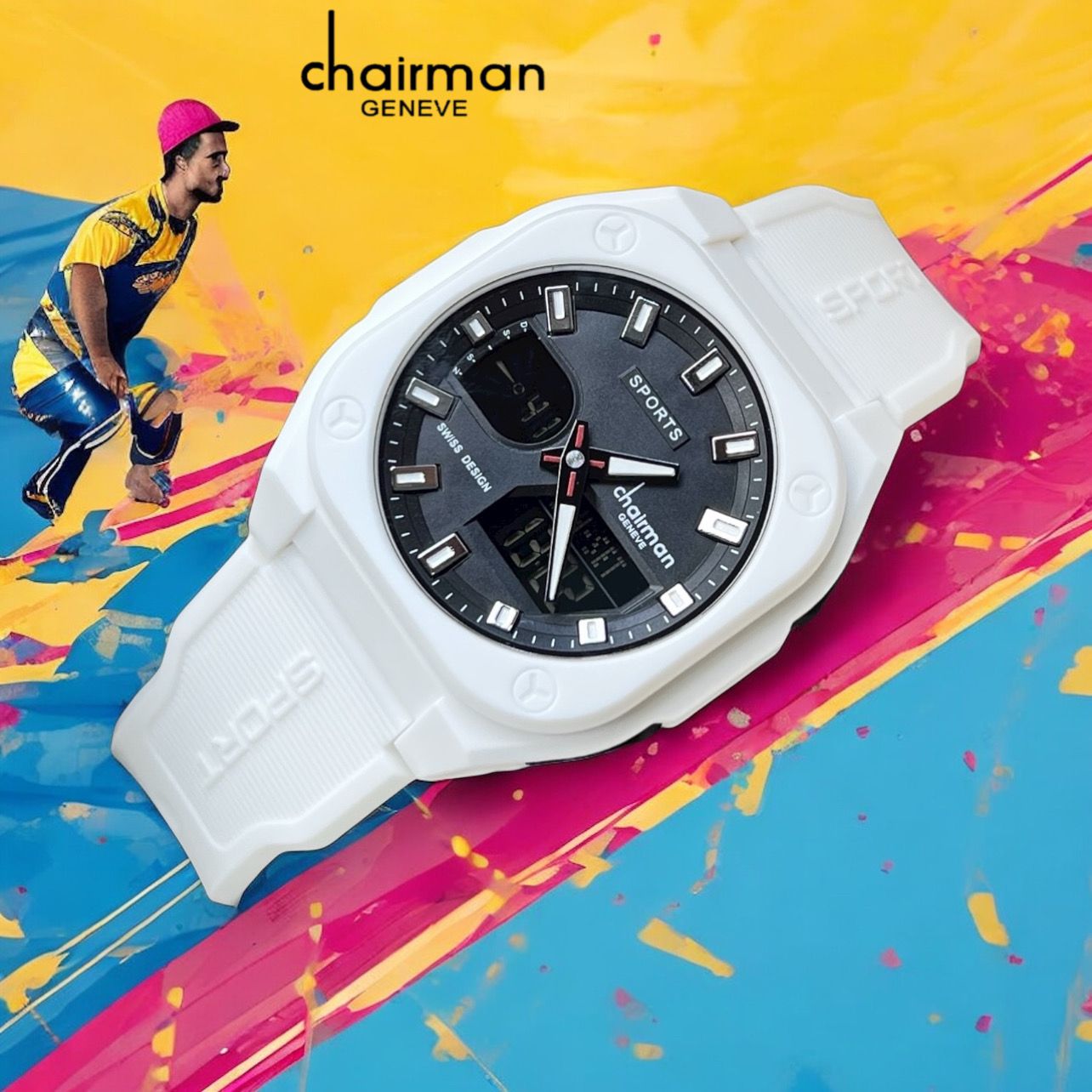 CHAIRMAN GENEVE SPORT DIGITAL-ANALOG BLACK DIAL WHITE SILICONE STRAP GENTS WATCH