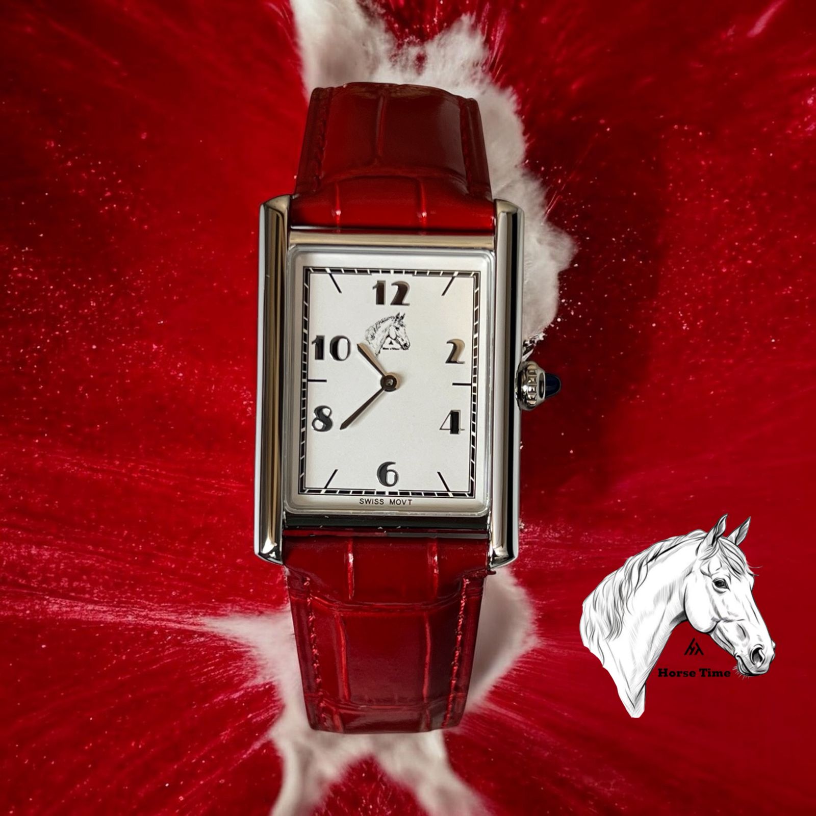 HORSE TIME CLASSIC RECTANGULAR WHITE DIAL RED LEATHER WATCH