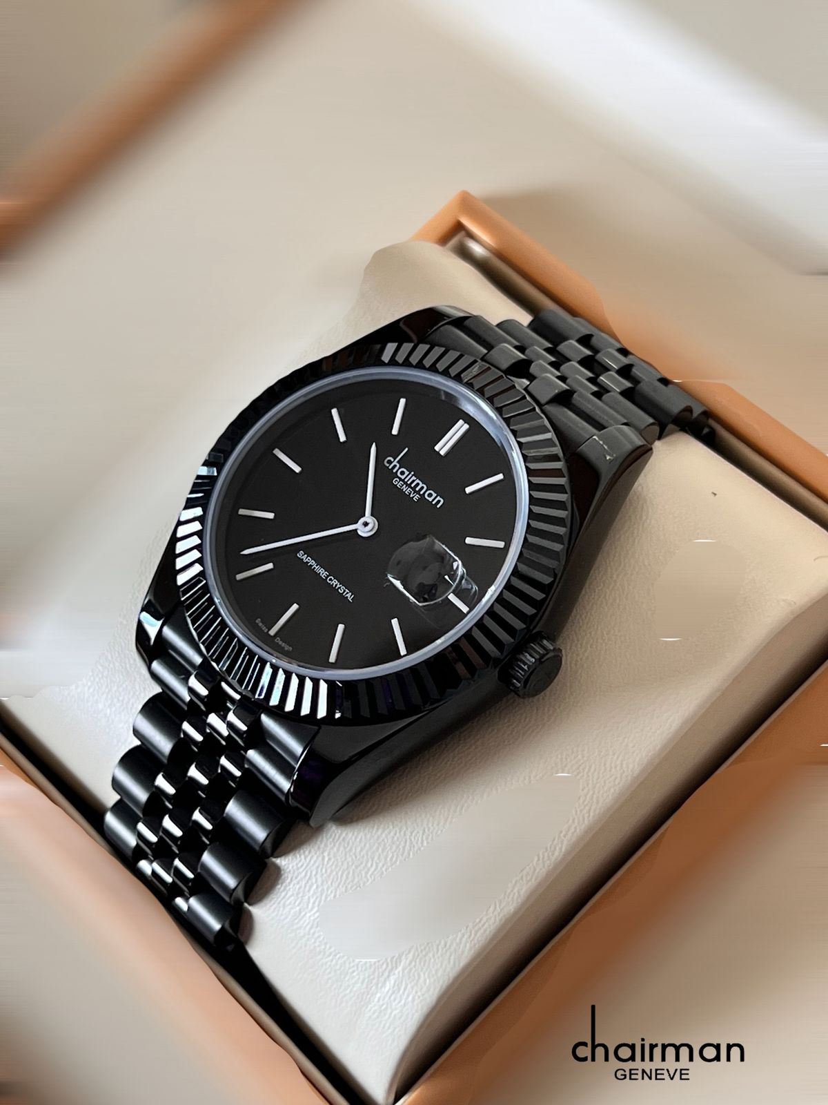 CHAIRMAN GENEVE SAPPHIRE CRYSTAL BLACK DATED DIAL BLACK CHAIN GENTS WATCH