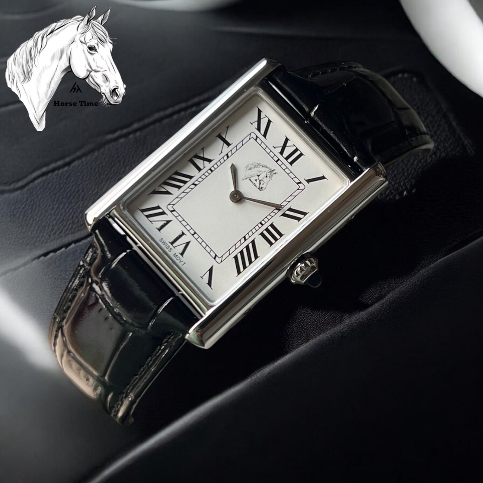 HORSE TIME CLASSIC ROMAN DIAL RECTANGULAR LEATHER STRAP WATCH-BLACK EDITION