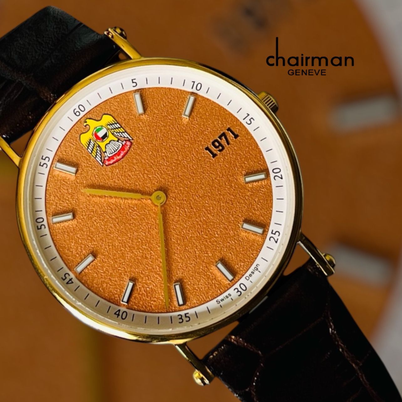 CHAIRMAN GENEVE UAE EMBLEM GOLDEN DIAL BLACK STRAP