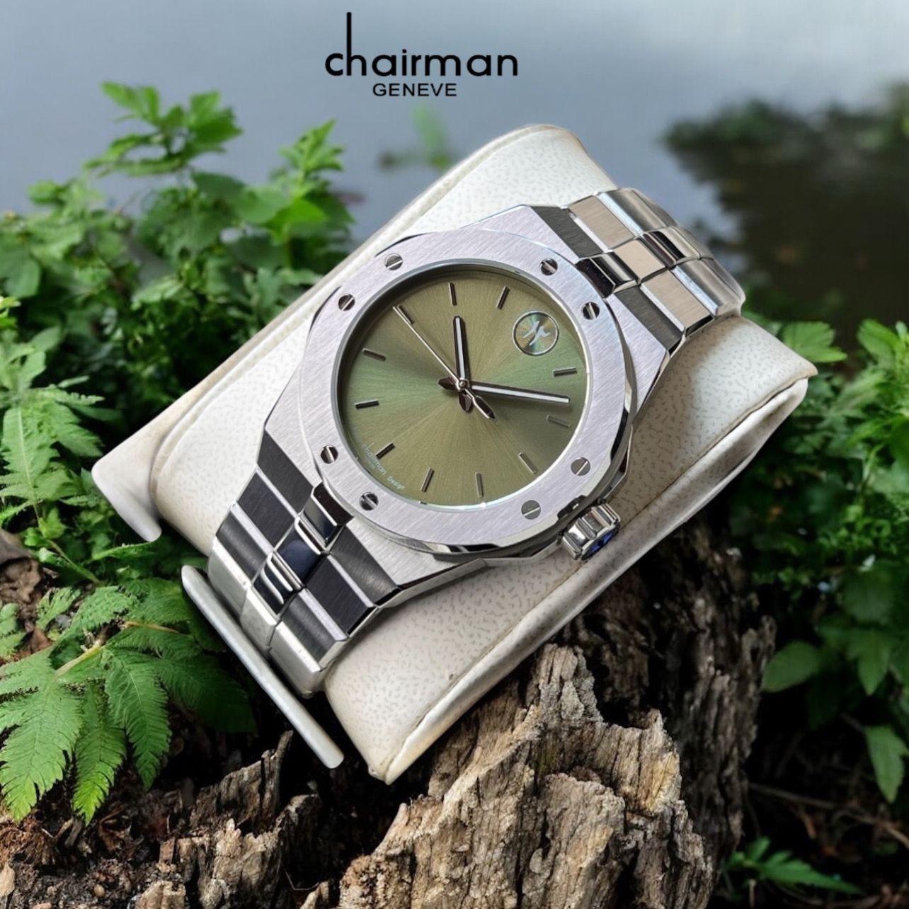 CHAIRMAN GENEVE HERITAGE EDITION OLIVE & ROSE SUNBURST DIAL STAINLESS STEEL WATCH