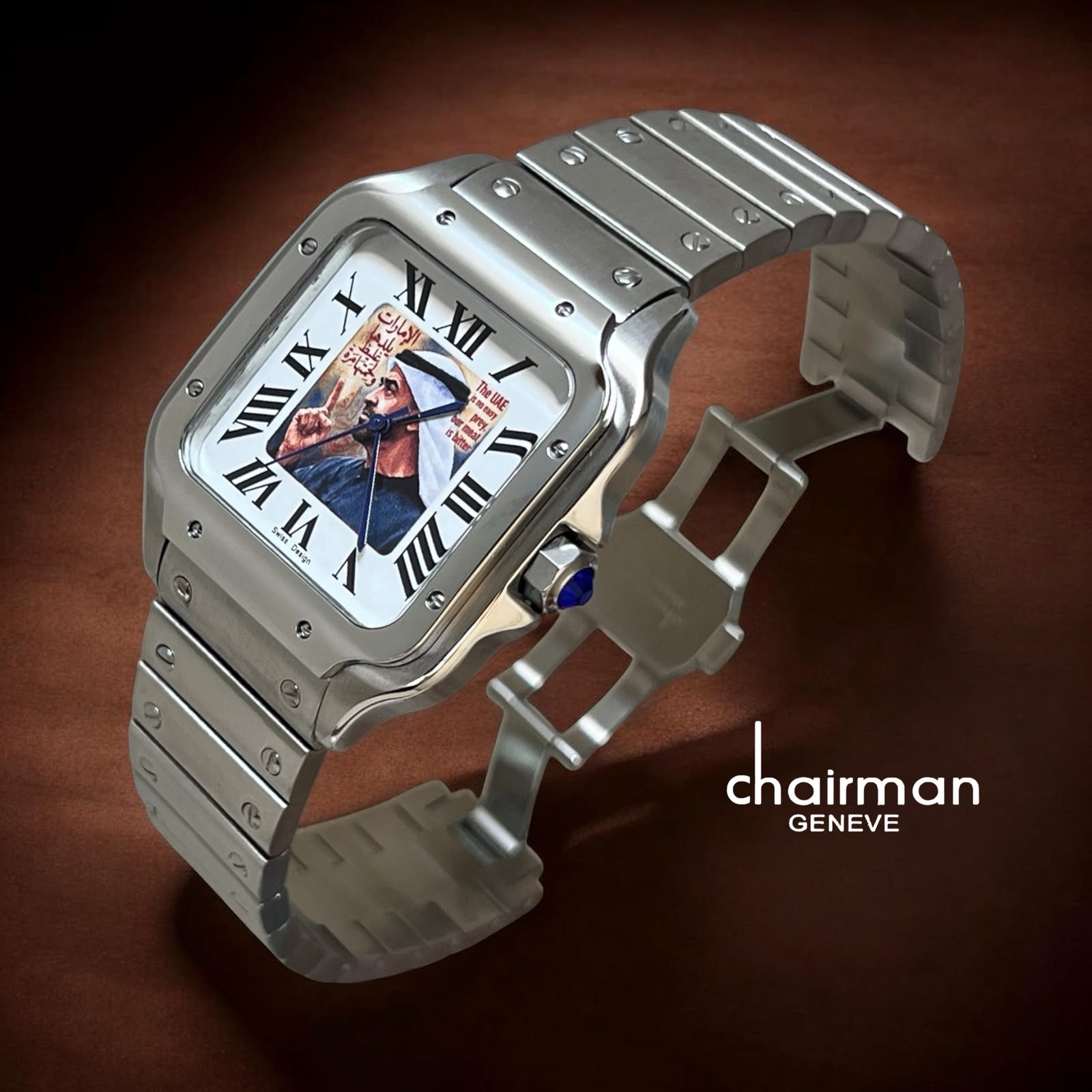 CHAIRMAN GENEVE UAE EMBLEM SHEIKH WHITE DIAL SILVER CHAIN GENTS WATCH
