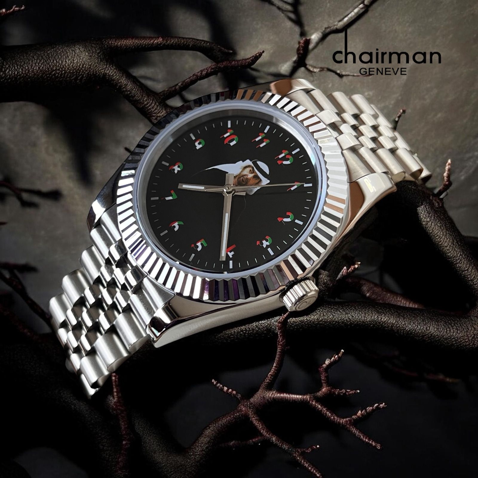 CHAIRMAN GENEVE LUXURY TIME EDITION UAE BLACK DIAL SILVER CHAIN GENTS WATCH