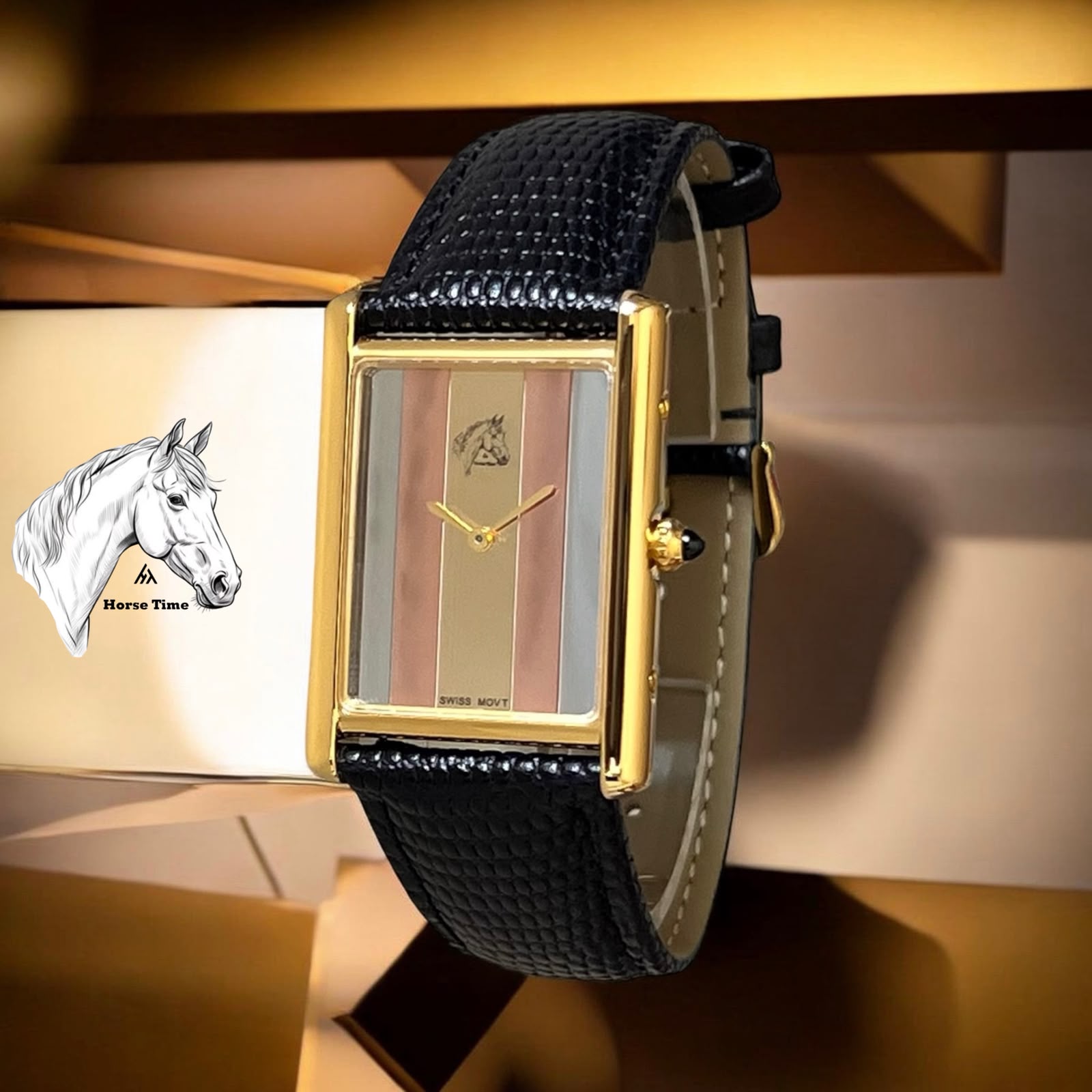 HORSE TIME CLASSIC RECTANGULAR GOLD EDITION LEATHER STRAP WATCH
