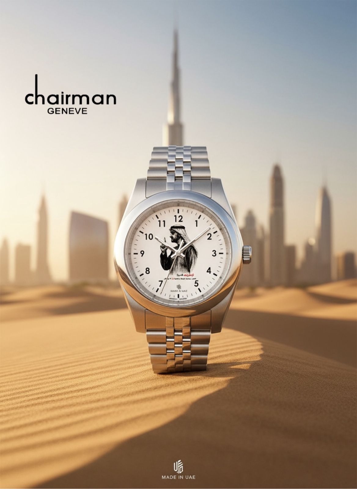 CHAIRMAN GENEVE UAE SHEIKH WHITE ARABIC DIAL SILVER CHAIN