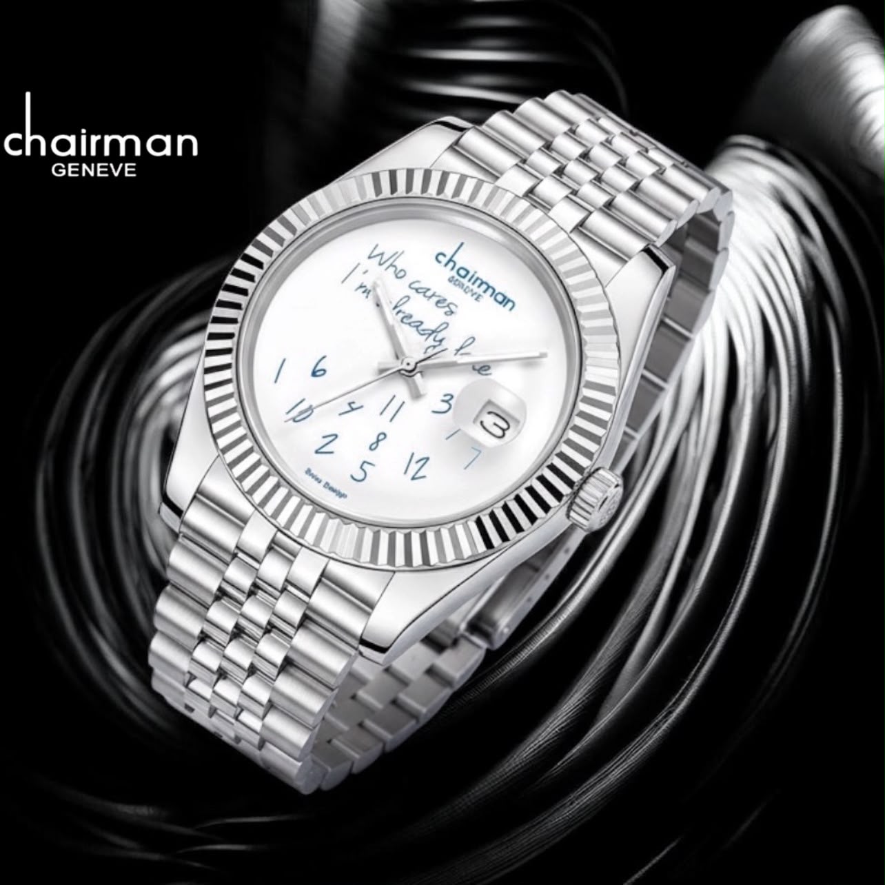 CHAIRMAN GENEVE HERITAGE SCRIPT EDITION WHITE DIAL STAINLESS STEEL GENTS WATCH