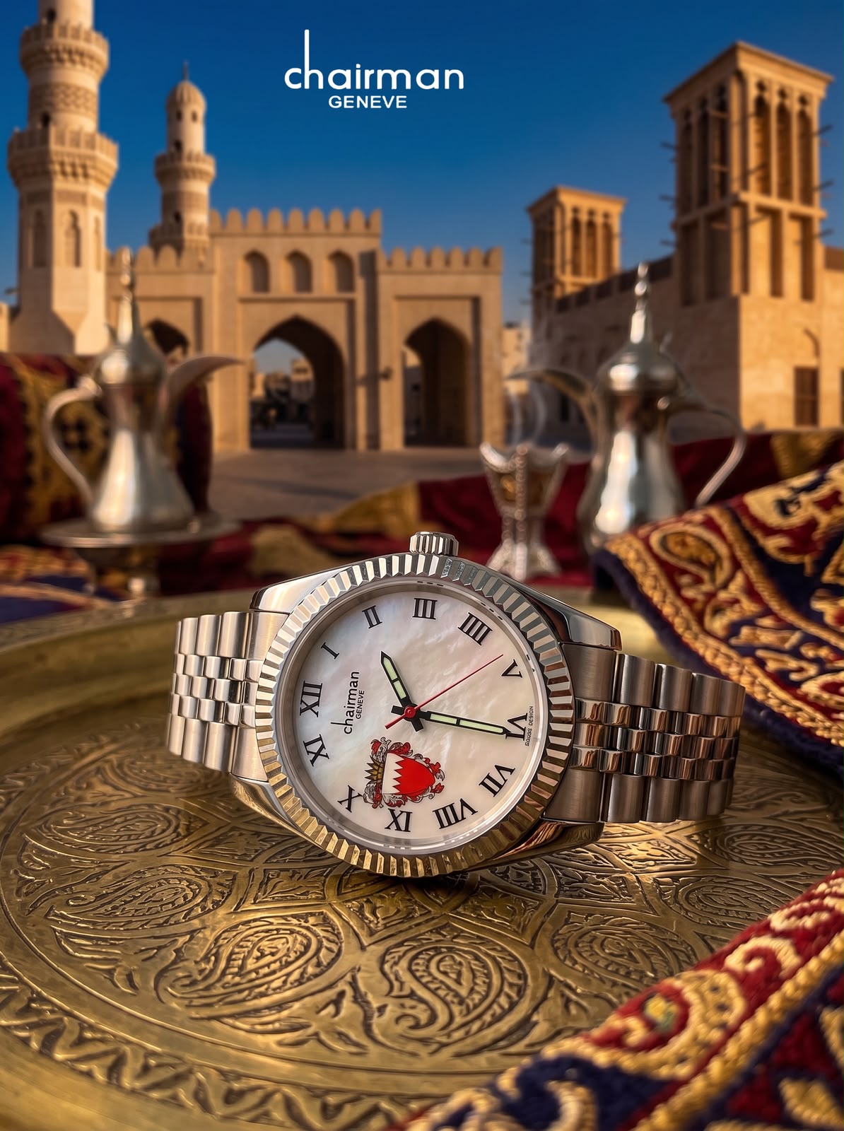 CHAIRMAN GENEVE BAHRAIN EMBLEM SPECIAL EDITION STAINLESS STEEL GENTS WATCH