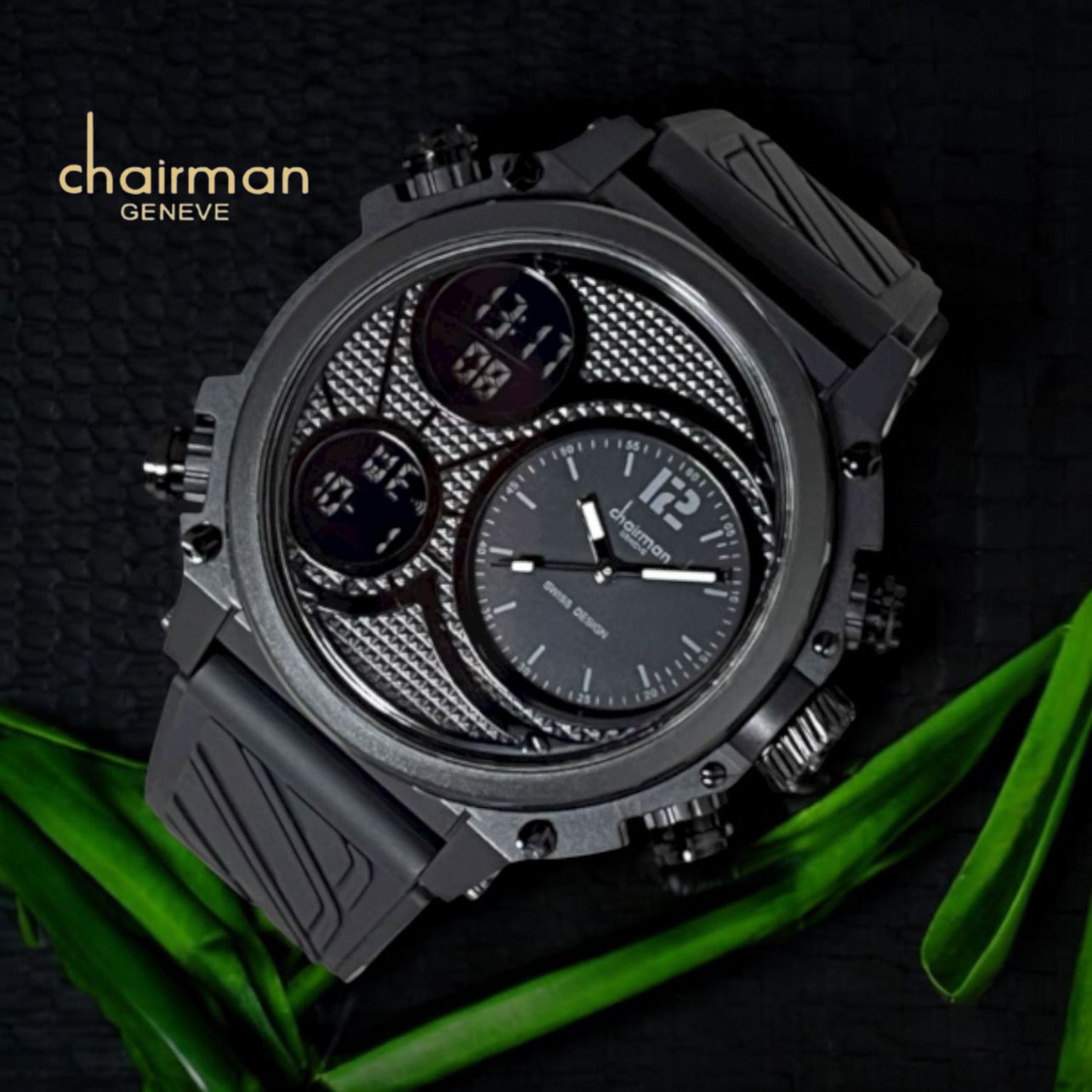 CHAIRMAN GENEVE DUAL DISPLAY BLACK EDITION SILICONE STRAP GENTS WATCH