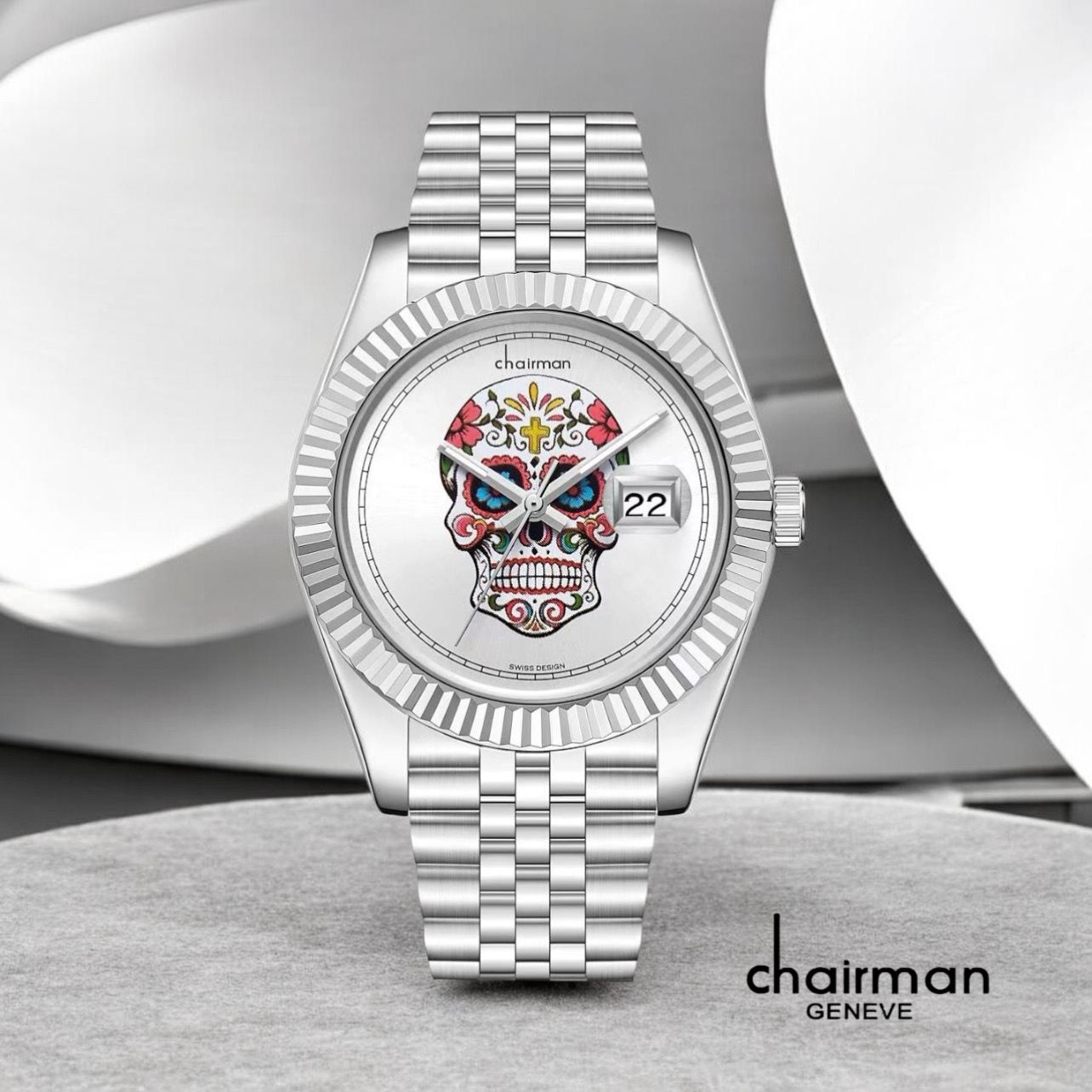 CHAIRMAN GENVE SUGAR SKULL WHITE DIAL SILVER STAINLESS STEEL MEN'S WATCH